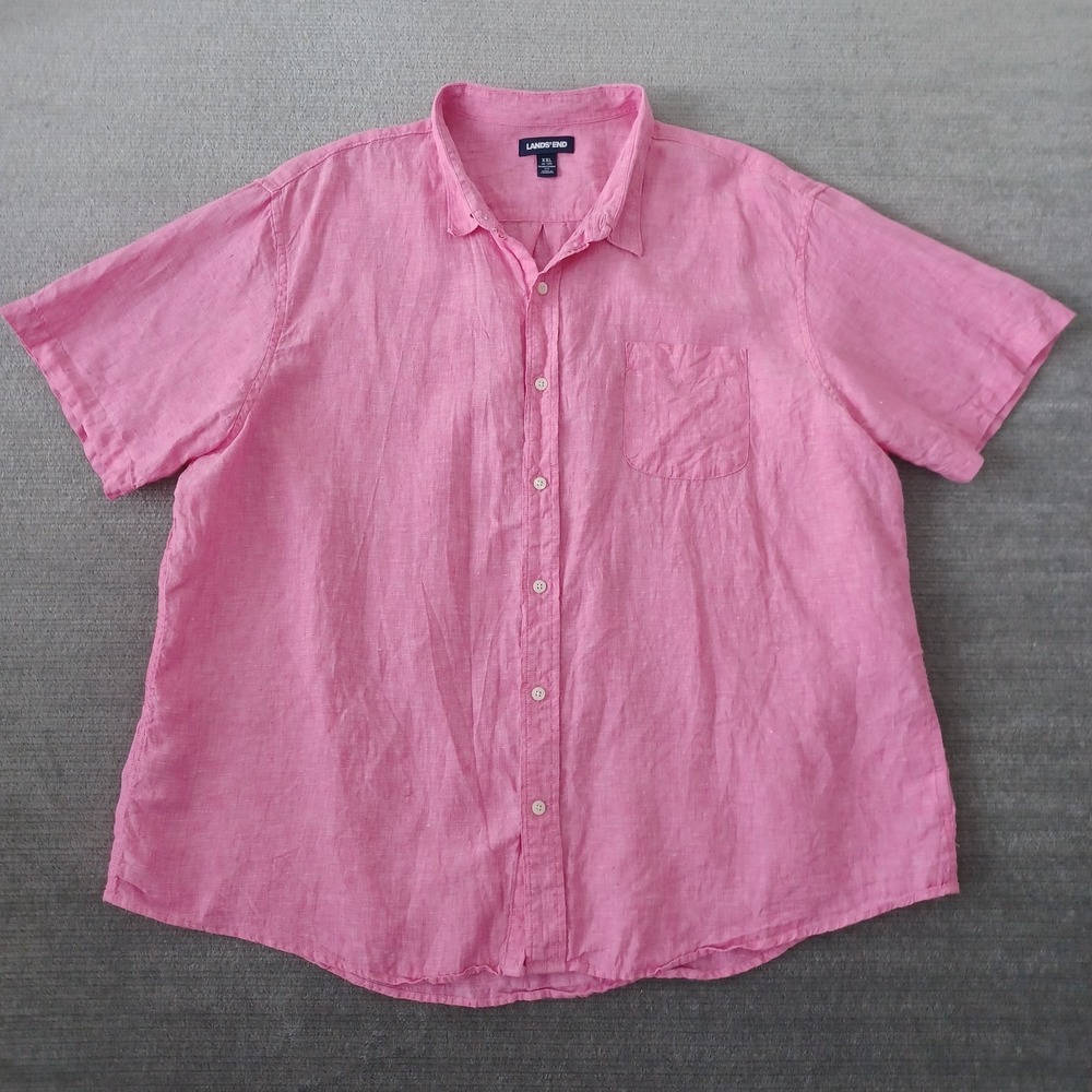 Lands End Linen Shirt Mens 2XL Pink Button Up Traditional Fit Resort Lightweight
